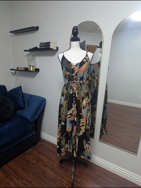 Black Floral Tie-Waist Midi Dress with Spaghetti Straps
